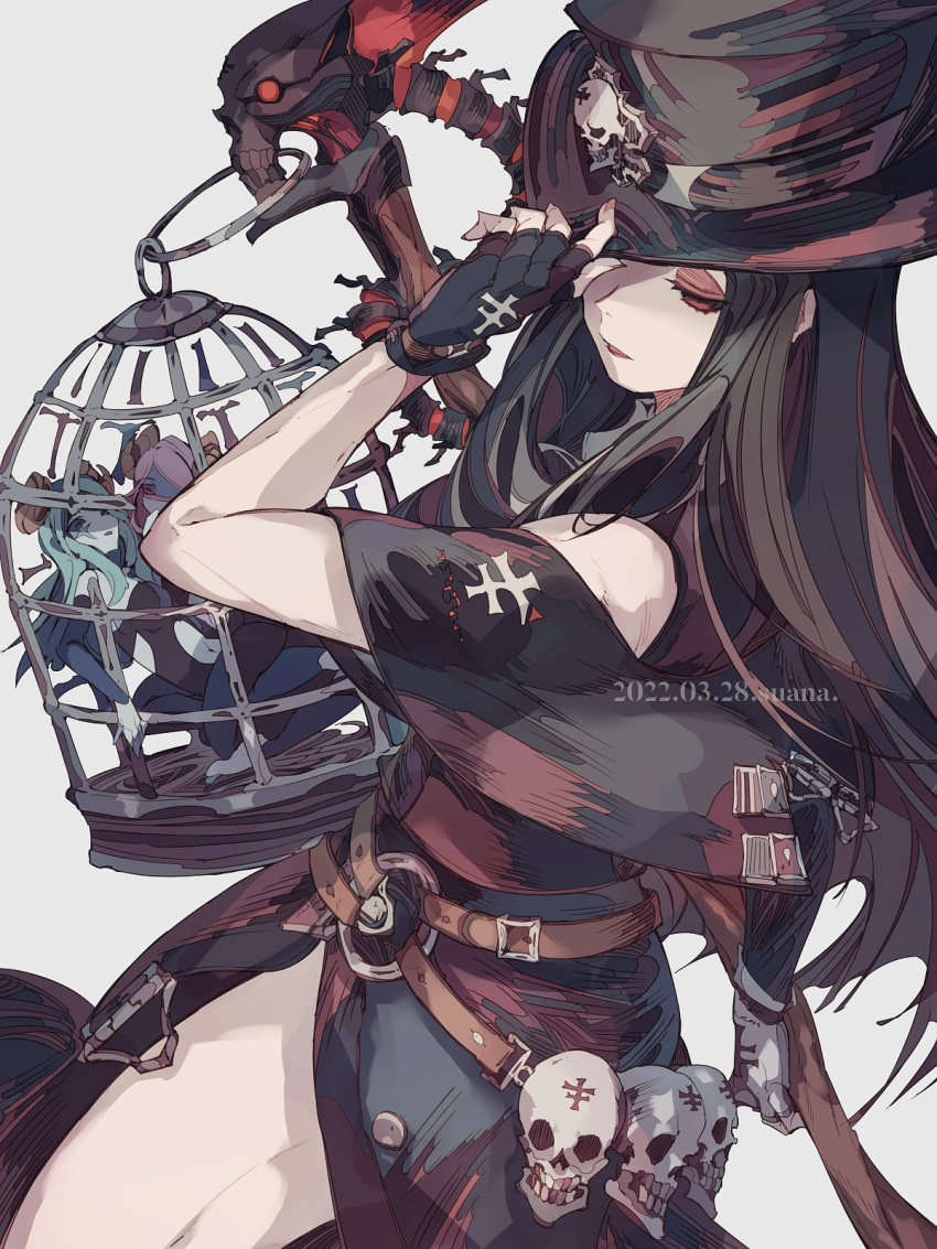 1other 2girls androgynous artist_name bad_id bad_twitter_id bare_shoulders belt black_hair black_headwear cage dated demon_girl demon_horns demon_wings fingerless_gloves gloves guilty_gear guilty_gear_strive hat hat_over_one_eye highres holding holding_weapon horns lemming_no_suana long_hair looking_at_viewer multiple_girls other_focus parted_lips red_eyes scythe simple_background skirt skull smile succubus_familiar testament_(guilty_gear) thighs top_hat weapon wings