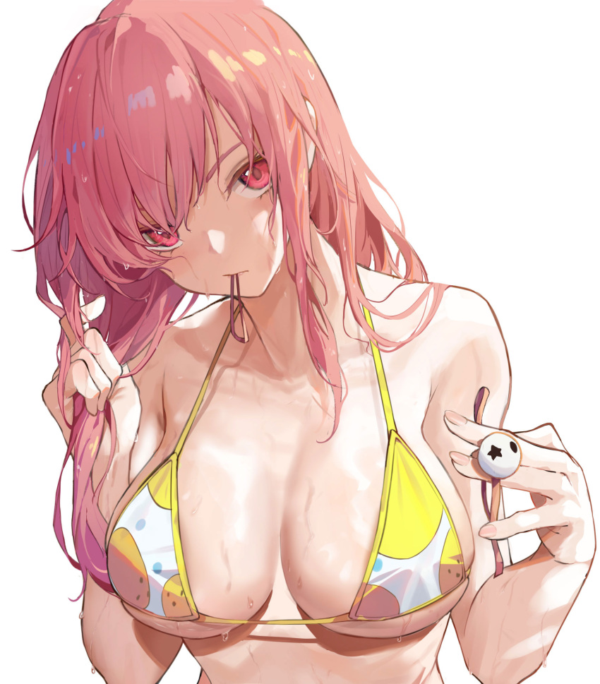 alternate_hairstyle azur_lane bare_arms bare_shoulders bikini blush breasts chinese_commentary cleavage collarbone commentary_request dead_or_alive female hair_down hair_tie hair_tie_in_mouth highres holding honoka_(doa) honoka_(summer_angel_on_the_shore)_(doa) large_breasts long_hair looking_at_viewer luobo_(nsnr8754) md5_mismatch mouth_hold pink_eyes pink_hair revision rock simple_background solo star_(symbol) swimsuit two-tone_bikini tying_hair upper_body wet wet_hair white_background