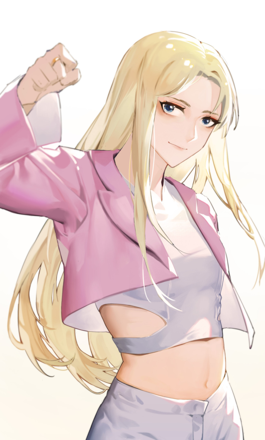 absurdres akechi_(826988799) animification blonde_hair blue_eyes chinese_commentary clenched_hand clothing_cutout crop_top cropped_shirt female highres jacket k-pop long_hair looking_to_the_side mamamoo midriff moonbyul_(mamamoo) navel pants parted_bangs pink_jacket real_life shirt smile solo white_pants white_shirt