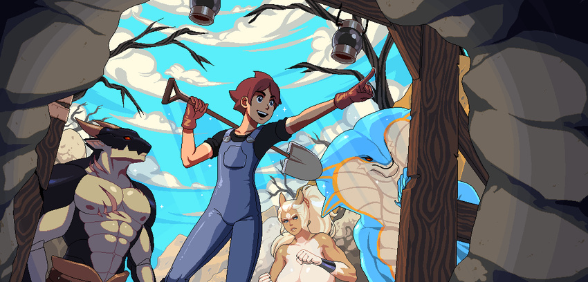 3boys animal_ears arm_up bare_tree black_bracelet black_shirt black_skin blonde_hair blue_eyes blue_overalls blue_skin blue_sky bracelet breasts brown_gloves brown_hair brown_horns cave claws cleavage closed_mouth cloud cloud_meadow colored_sclera colored_skin dragon_boy dragon_horns evan_(cloud_meadow) female freckles frown furry furry_male gloves hand_up hands_up holding holding_shovel horns horse_ears horse_girl jewelry lamp large_breasts long_hair looking_inside monster_girl multicolored_skin multiple_boys muscular muscular_male nipples open_mouth orange_skin overalls pixel_art pointing pointy_ears ponytail red_sclera s-purple scar shirt short_hair shovel sky sleeves_rolled_up smile snake_boy tan tanlines teeth tree upper_teeth_only white_skin yellow_eyes