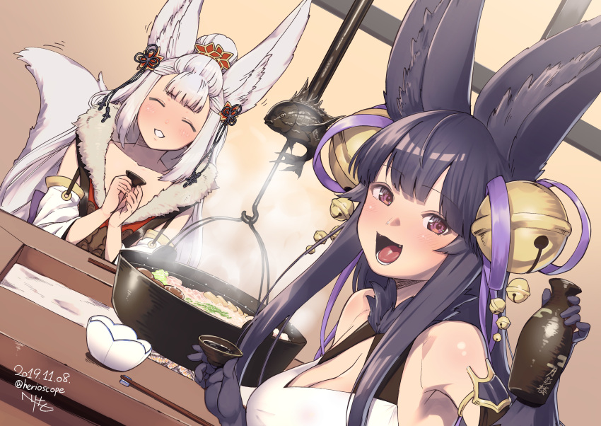 2girls :d ^_^ absurdres alcohol animal_ear_fluff animal_ears armpits bare_shoulders bell black_gloves blunt_bangs blush bottle breasts choko_(cup) chopsticks cleavage closed_eyes commentary_request cup dated detached_sleeves drunk dutch_angle erune fangs fire_pit food fox_ears fox_tail fur_trim gloves granblue_fantasy hair_bell hair_ornament herio highres hotpot jingle_bell large_breasts long_hair looking_at_viewer multiple_girls nabe open_mouth red_eyes sake sake_bottle sidelocks signature smile societte_(granblue_fantasy) steam sukiyaki tail tokkuri twitter_username white_hair yuel_(granblue_fantasy)