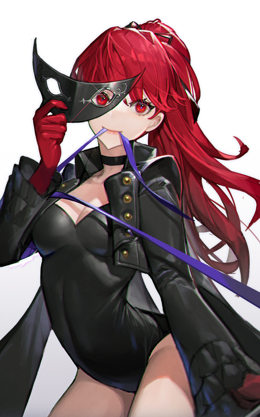 black_choker black_jacket black_leotard black_ribbon breasts choker cleavage commentary cowboy_shot english_commentary female gloves hair_ribbon high_ponytail highres holding holding_mask jacket leotard long_hair long_sleeves looking_at_viewer mask medium_breasts nahonanaho persona persona_5 persona_5_the_royal ponytail red_eyes red_gloves red_hair ribbon simple_background smile solo white_background yoshizawa_kasumi