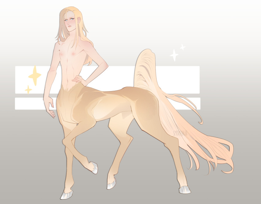 blonde_hair centaur digital_media_(artwork) equid equid_taur equine equine_taur european_mythology fur greek_mythology hair humanoid_taur hybrid long_hair male mammal mammal_taur mythology nipples quad raised_tail simple_background smooshkin solo tail taur