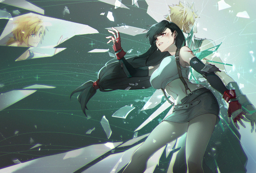 1boy bare_shoulders black_hair black_skirt blonde_hair blood blood_on_arm blue_eyes breasts broken_glass bruise cloud_strife crop_top crow0cc detached_sleeves earrings female final_fantasy final_fantasy_vii fingerless_gloves glass gloves highres injury jewelry large_breasts long_hair low-tied_long_hair midriff navel red_eyes red_gloves skirt spiked_hair suspender_skirt suspenders tank_top tears tifa_lockhart white_tank_top