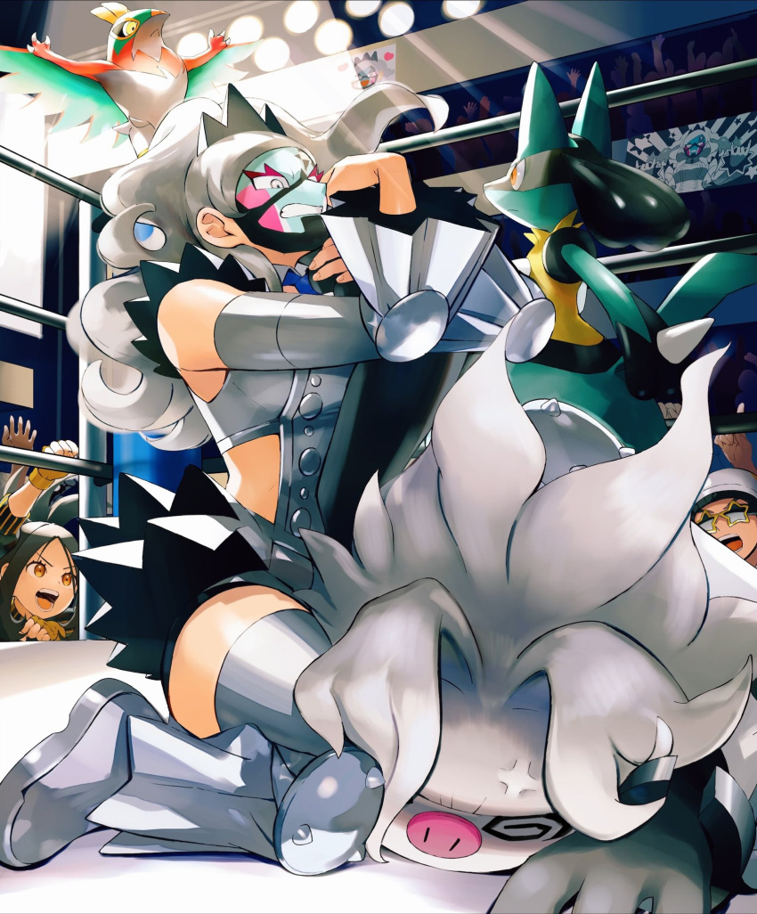 2girls @_@ anger_vein annihilape boots buttons clenched_teeth commentary_request dendra_(pokemon) detached_sleeves eri_(pokemon) facepaint grey_eyes grey_footwear grey_hair grey_vest hands_up hawlucha highres indoors kneeling long_hair lucario multiple_girls orange_mikan pokemon pokemon_(creature) pokemon_sv spotlight team_star team_star_grunt teeth thigh_boots tiara vest wrestling wrestling_ring