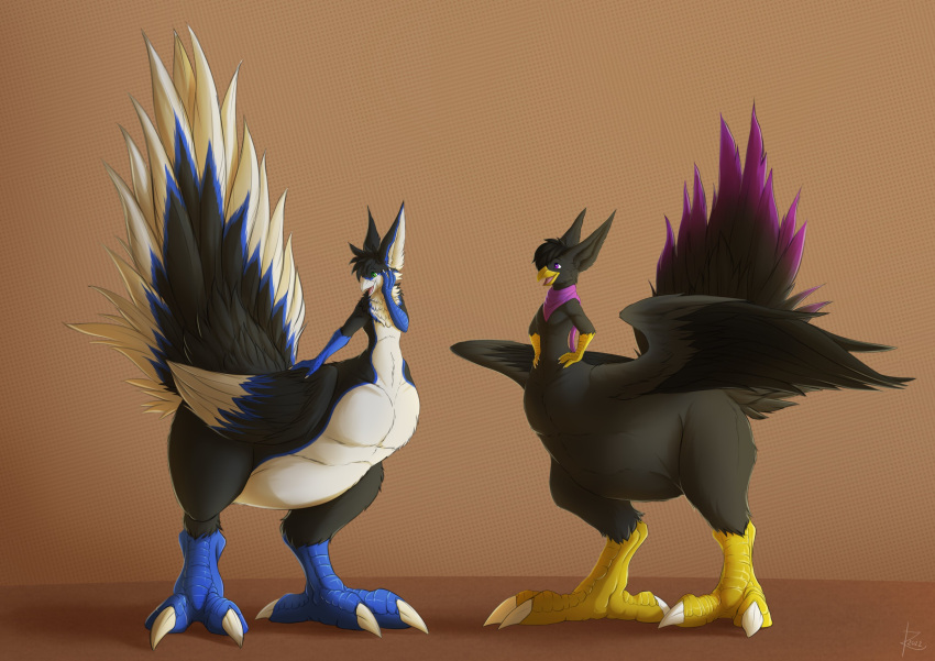 2022 absurd_res avian avian_taur biped biped_taur blue_body blue_skin chocobo_taur claws digital_media_(artwork) digital_painting_(artwork) digitigrade dipstick_feathers duo feathers feet finger_claws folded_wings green_eyes hand_on_face hands_on_hips hi_res kerchief kerchief_only male male_taur mostly_nude multicolored_body multicolored_feathers neckerchief neckerchief_only nova-drox nude_male nude_taur open_mouth purple_eyes shaded shadow signature simple_background small_upper_body soft_shading spread_wings standing tail tail_feathers tallyn talons taur toe_claws toes wings year yellow_body yellow_skin zarakon