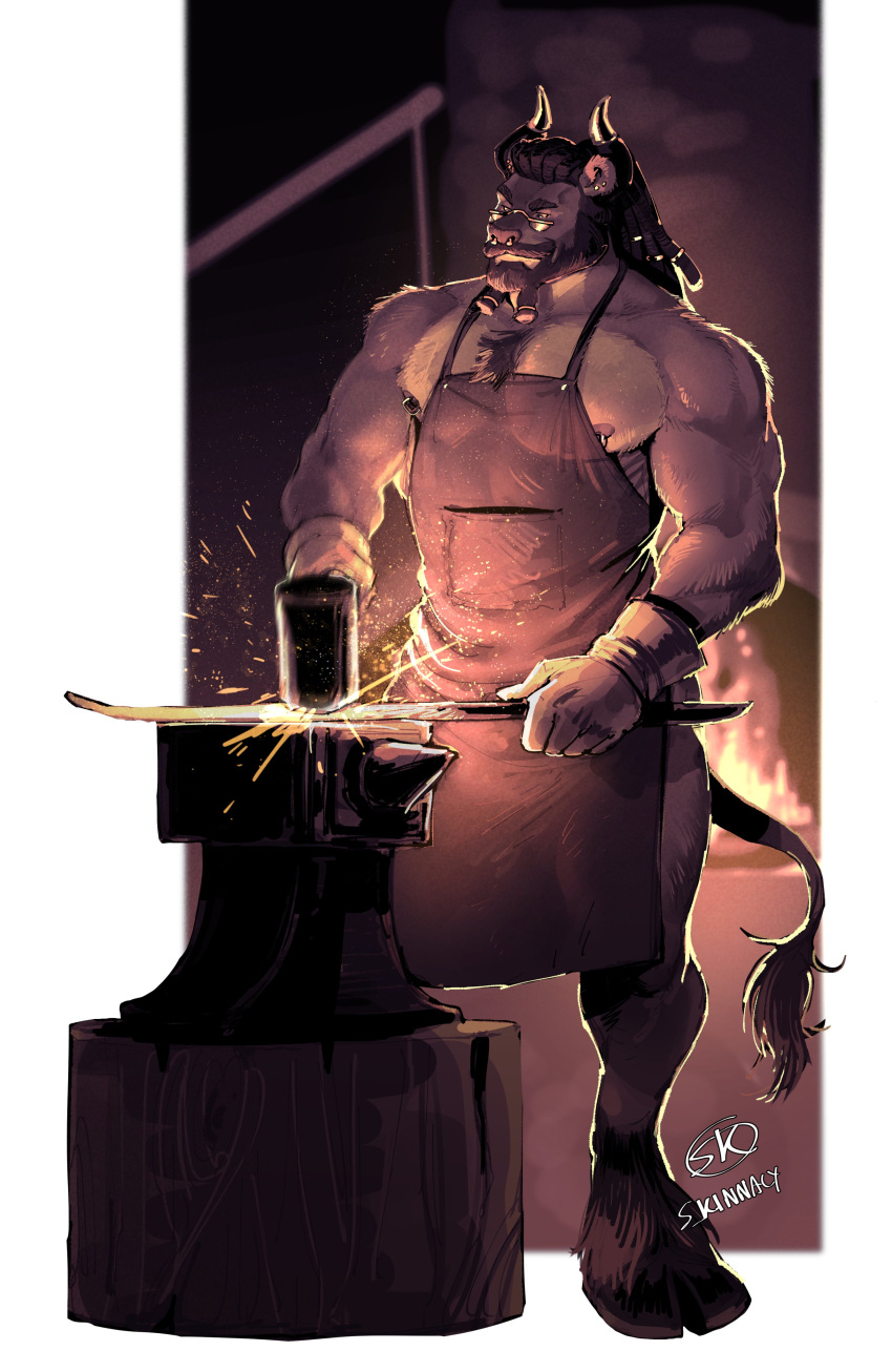 1boy absurdres animal_feet anvil apron bara beard blacksmith chest_hair chest_tuft commission facial_hair forge furnace furry furry_male glasses glowing_hot hammer highres holding holding_hammer horns horse_boy horse_tail large_pectorals long_hair male_focus mature_male moustache muscular muscular_male naked_apron nipple_piercing nipple_rings nipples nose_piercing original pectorals piercing sara_kinnaly sidepec smile solo tail thick_eyebrows thighs