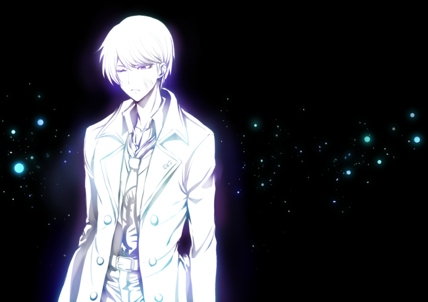 1boy arms_at_sides belt black_background coat collarbone collared_shirt commentary_request danganronpa_(series) danganronpa_3_(anime) injury light male_focus munakata_kyousuke necktie one_eye_closed open_clothes open_coat pants print_necktie shirt short_hair solo white_coat white_hair white_pants white_shirt youko-shima