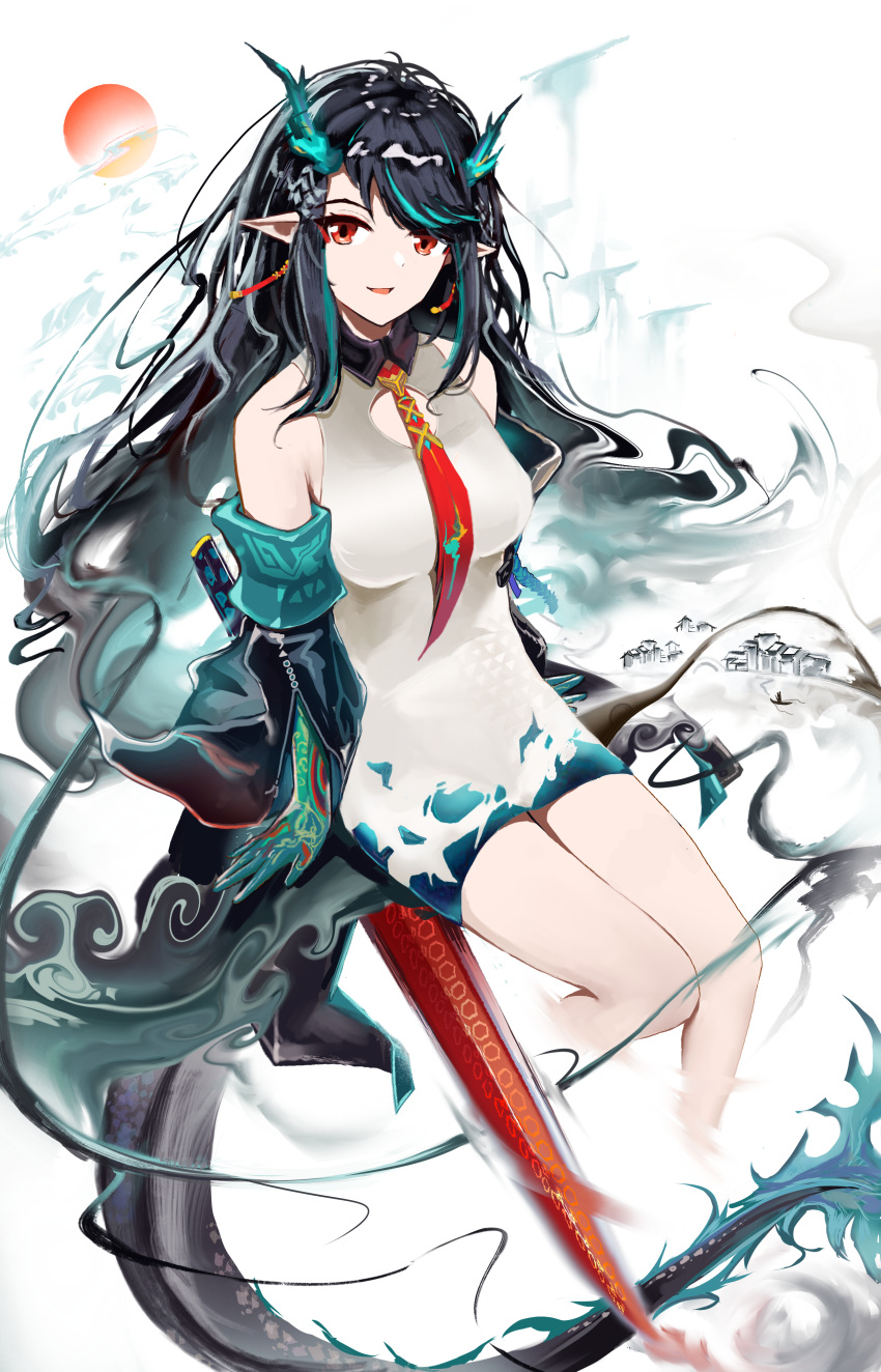 :d absurdres aqua_eyes aqua_gloves arknights bare_shoulders black_hair black_jacket breasts colored_skin cropped_legs dragon_girl dragon_horns dragon_tail dress dusk_(arknights) earrings elbow_gloves female gloves gradient_hair green_skin has_bad_revision has_downscaled_revision highres horns jacket jewelry legs long_sleeves looking_at_viewer md5_mismatch medium_breasts multicolored_hair necktie off_shoulder open_mouth pointy_ears red_eyes red_necktie resolution_mismatch short_dress sitting smile solo source_smaller sun swept_bangs sword tail wangzili_shitoumen weapon white_dress