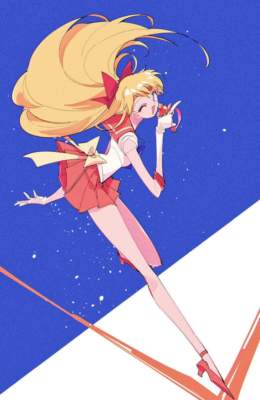 aino_minako back_bow bad_anatomy bishoujo_senshi_sailor_moon blonde_hair blue_background blue_bow blue_bowtie bow bowtie breasts crystal_change_rod female full_body hairbow highres itou_ikuko_(style) leaning_forward legs long_hair long_legs looking_at_viewer magical_girl medium_breasts official_style one_eye_closed open_mouth orange_sailor_collar orange_skirt pleated_skirt pochi_(askas_is_god) red_bow sailor_collar sailor_senshi_uniform sailor_venus skirt smile tiara two-tone_background white_background