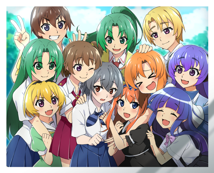 >:) 2boys 6+girls :d akasaka_miyuki artifedex black_dress black_hairband black_horns black_skirt blonde_hair blouse blue_bow blue_eyes blue_hair blue_sailor_collar blue_skirt blunt_bangs blurry blurry_background border bow brown_eyes brown_hair closed_eyes collared_shirt commentary_request dress everyone furude_rika green_dress green_eyes green_hair grey_hair hair_between_eyes hairband half_updo hanyuu high_ponytail highres higurashi_no_naku_koro_ni higurashi_no_naku_koro_ni_mei hime_cut horns houjou_satoko houjou_satoshi houtani_nao kimiyoshi_kazuho long_hair maebara_keiichi multiple_boys multiple_girls neckerchief necktie oerba_yun_fang one_eye_closed open_clothes open_vest orange_hair outdoors parted_bangs pink_bow pleated_skirt ponytail purple_eyes purple_hair red_necktie red_skirt ribbon ryuuguu_rena sailor_collar sailor_dress school_uniform serafuku shirt short_hair siblings sidelocks sisters skin_fang skirt smile sonozaki_mion sonozaki_shion st._lucia_academy_school_uniform striped striped_bow suspender_skirt suspenders twins v-shaped_eyebrows vest white_border white_sailor_collar white_shirt yellow_neckerchief yellow_ribbon yellow_vest