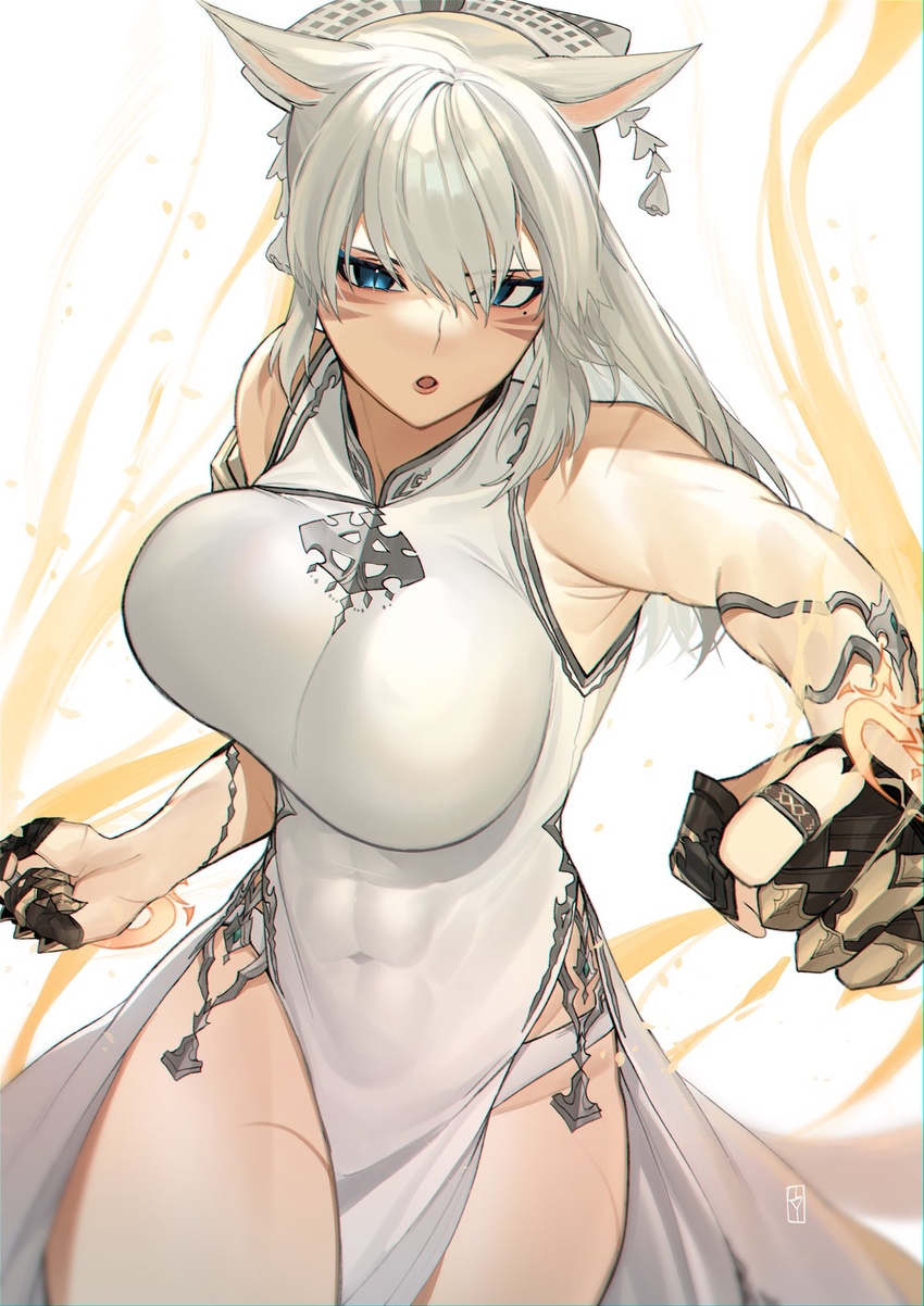 :o abs animal_ears avatar_(ff14) bangs bare_shoulders blue_eyes breasts cat_ears cat_girl china_dress chinese_clothes dress facial_mark female final_fantasy final_fantasy_xiv gauntlets hair_ornament highres incoming_attack incoming_punch large_breasts lilycious monk_(final_fantasy) punching side_slit skindentation slit_pupils solo thighs white_dress white_hair