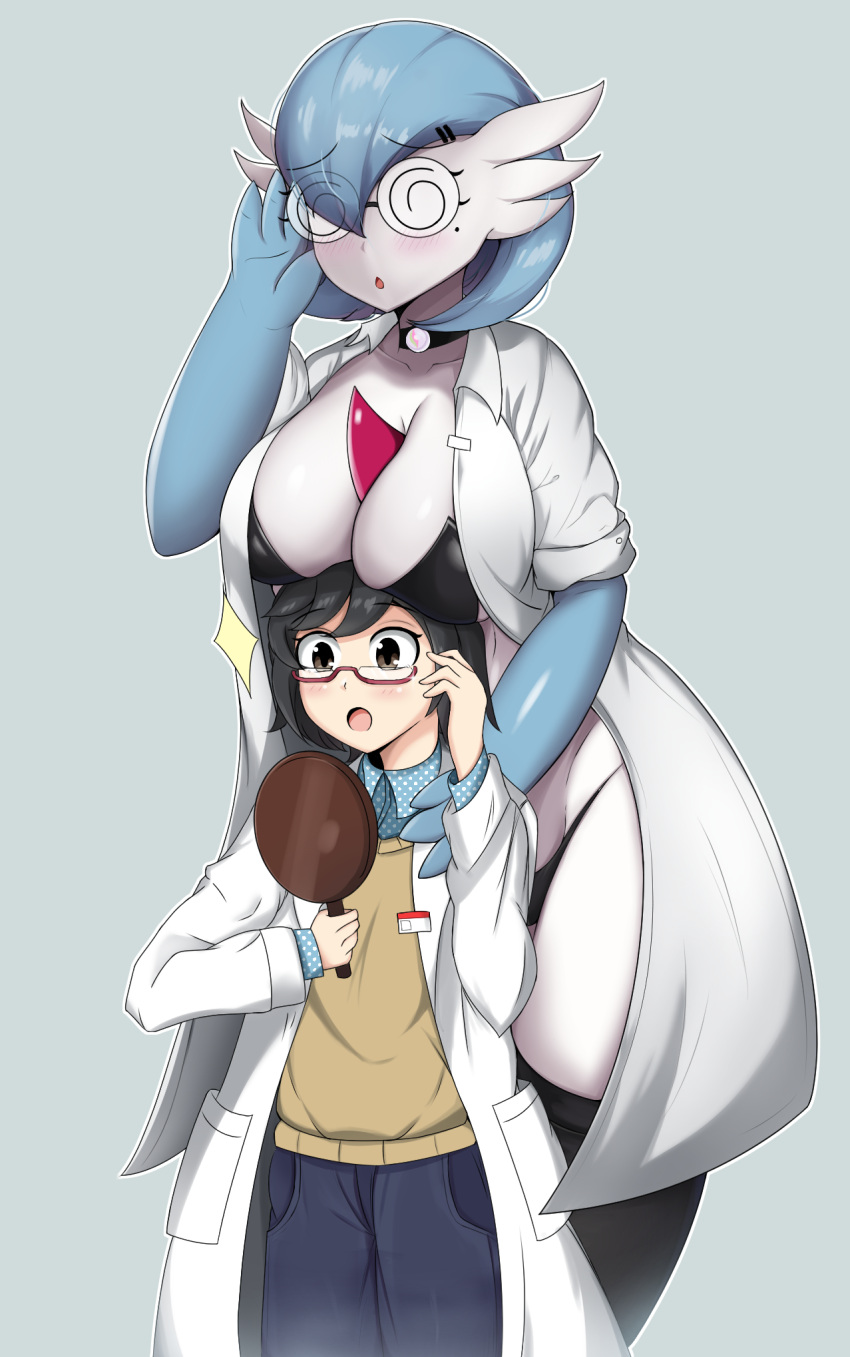 1boy :o @_@ age_difference between_breasts black_hair blue_pants breast_rest breasts breasts_on_head choker cleavage coat dr._voir_(nanosheep) eyes_visible_through_hair female gardevoir gradient_background grey_eyes hand_up highres lab_coat large_breasts lolicon mole mole_under_eye monster_girl onee-shota open_mouth oversized_clothes panties pants pokemon pokemon_(creature) scrapy short_hair short_sleeves simple_background straight string_panties thick_thighs thighhighs thighs underwear white_coat