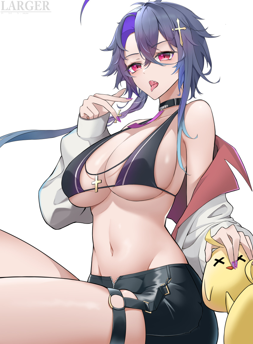 absurdres ahoge asymmetrical_hair azur_lane bad_id bad_pixiv_id bikini bikini_top_only black_bikini black_choker black_shorts blue_hair breasts choker colored_inner_hair cross_hair_ornament crossed_bangs female foch_(azur_lane) foch_(rainbow_rendezvous)_(azur_lane) gradient_hair grey_hair hair_between_eyes hair_ornament highres jacket large_breasts larger_bmx long_hair long_sleeves looking_at_viewer manjuu_(azur_lane) micro_bikini multicolored_hair navel o-ring oerba_yun_fang off_shoulder official_alternate_costume open_clothes open_jacket open_mouth purple_hair purple_nails red_eyes saliva saliva_trail short_hair_with_long_locks short_shorts shorts simple_background skin_fang solo stomach streaked_hair swimsuit thigh_strap tongue tongue_out underboob white_background white_jacket x_x zipper