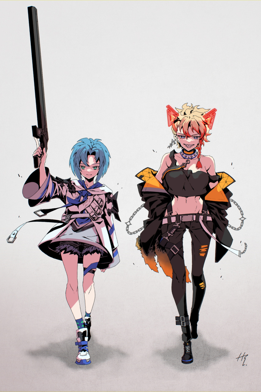 2girls animal_ears axel_syrios belt black_jacket black_pants black_shirt blonde_hair blue_eyes blue_hair braid chains collar crop_top fake_animal_ears genderswap_(mtf) grey_vest gun highres holding holding_gun holding_weapon holostars holostars_english hood hoodie jacket long_sleeves midriff multicolored_hair multiple_girls off_shoulder pants red_hair regis_altare rule_63 shirt short_hair shorts single_braid streaked_hair taka_t tank_top torn_clothes torn_pants vest virtual_youtuber weapon white_belt white_jacket