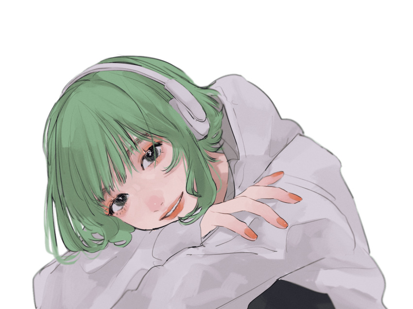 black_eyes blunt_bangs eyebrows_hidden_by_hair eyelashes eyeshadow female green_hair gumi headphones hood hoodie hugging_own_legs lips looking_at_viewer makeup short_hair smile solo squatting tami_moon transparent_background upper_body vocaloid white_headwear