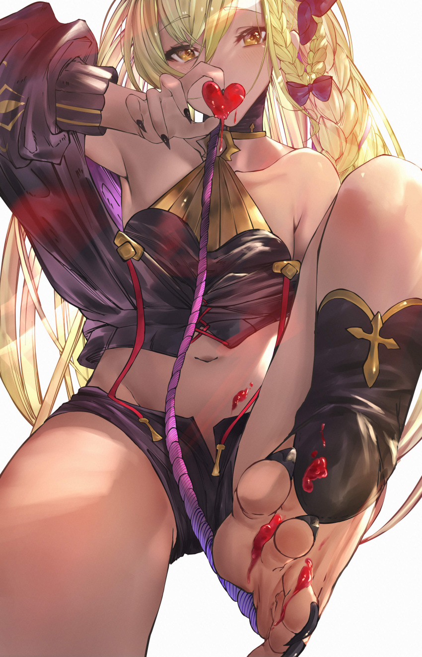 absurdres alternate_costume barefoot betabeet black_bow black_nails blonde_hair bow braid covering_own_mouth dark-skinned_female dark_skin detached_sleeves female fingernails granblue_fantasy hair_between_eyes hairbow halterneck heart helel_ben_shalem helel_ben_shalem_(coco-coated_dreams)_(granblue_fantasy) highres holding holding_heart long_braid long_hair midriff nail_polish navel sharp_fingernails sharp_toenails short_shorts shorts simple_background solo tan toenail_polish toenails toes white_background yellow_eyes