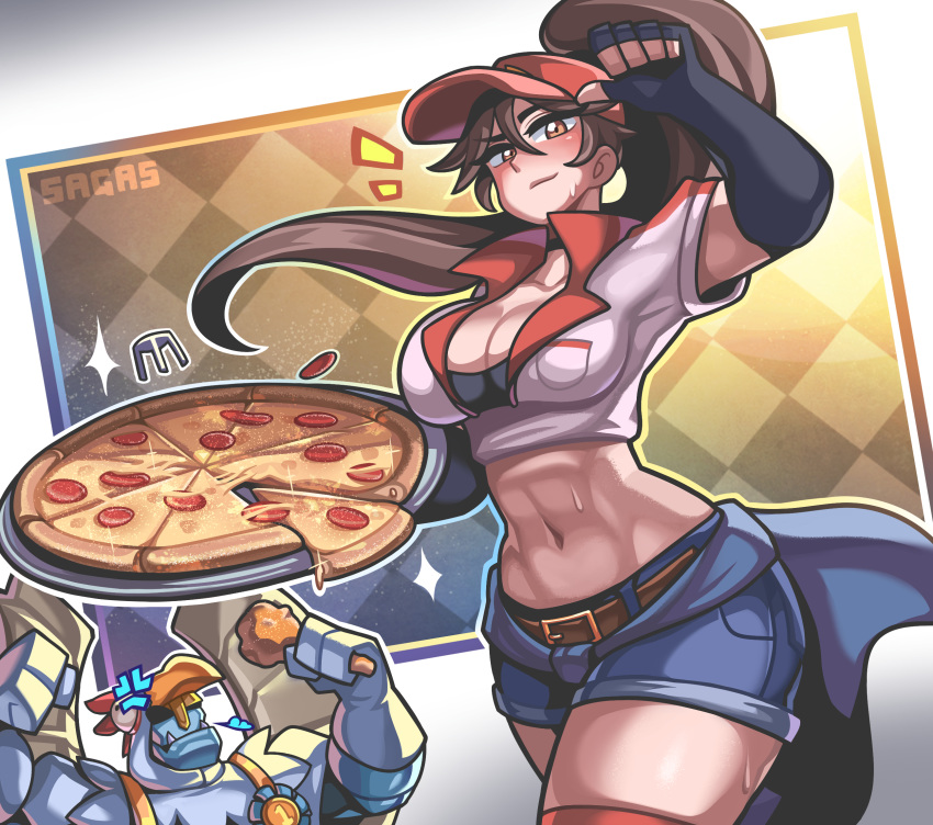 1boy artist_name belt bra bra_peek breasts brown_hair cheese cleavage cowboy_shot crop_top denim denim_shorts elbow_gloves employee_uniform fast_food_uniform female fingerless_gloves food galio gloves hat highres holding holding_food holding_pizza korean_commentary league_of_legends long_hair looking_at_viewer pepperoni pizza pizza_delivery pizza_delivery_sivir popped_collar red_headwear red_legwear sagas293 shorts sivir solo_focus sweatdrop thighhighs tied_sweater underwear uniform