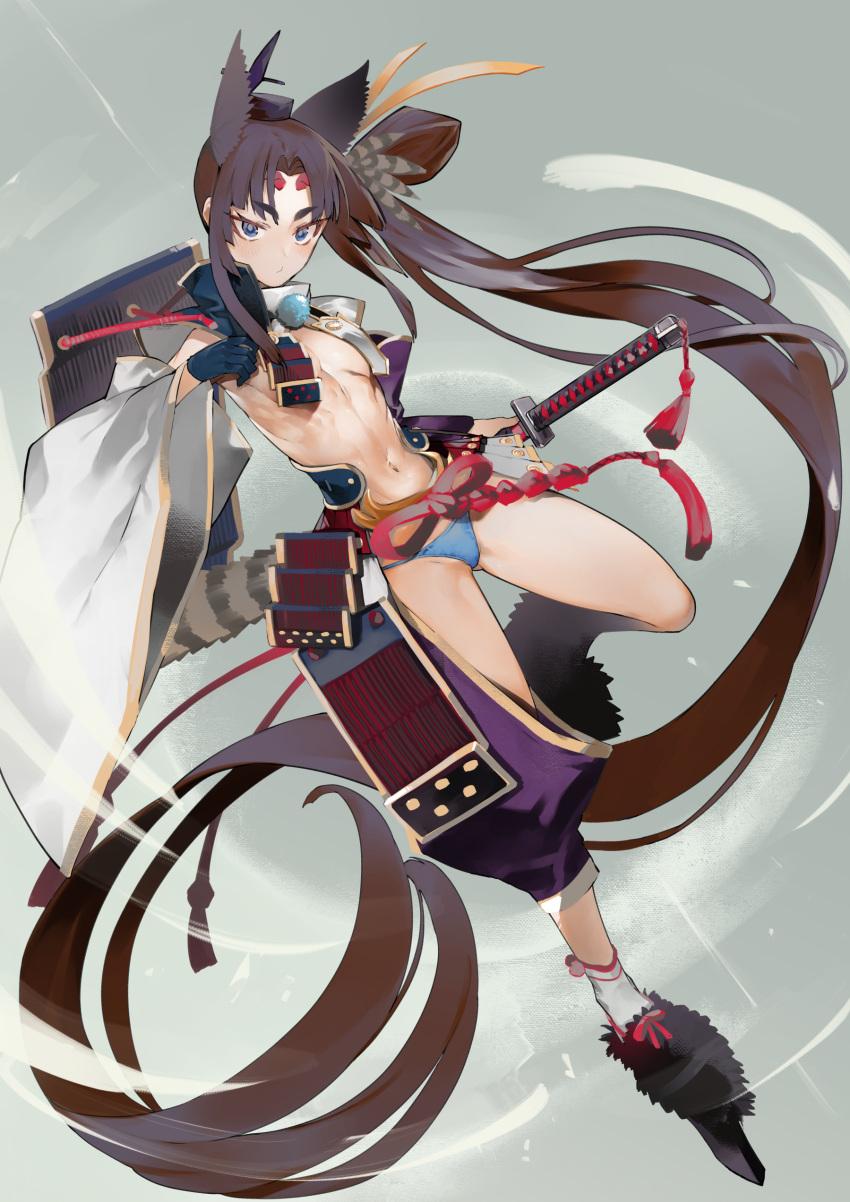 absurdly_long_hair absurdres armor asymmetrical_clothes asymmetrical_sleeves black_gloves blue_eyes blue_panties blush breast_curtains breasts brown_hair closed_mouth commentary_request fate/grand_order fate_(series) feather_hair_ornament feathers female full_body gloves hair_ornament hat highres holding holding_sheath holding_sword holding_weapon japanese_armor katana kusazuri leg_up linea_alba long_hair looking_at_viewer mismatched_sleeves navel nishiide_kengorou panties revealing_clothes sheath sheathed shoulder_armor sidelocks single_glove single_pantsleg single_sode small_breasts socks sode solo stomach sword tassel tate_eboshi toned underwear ushiwakamaru_(fate) very_long_hair weapon white_sleeves wide_sleeves