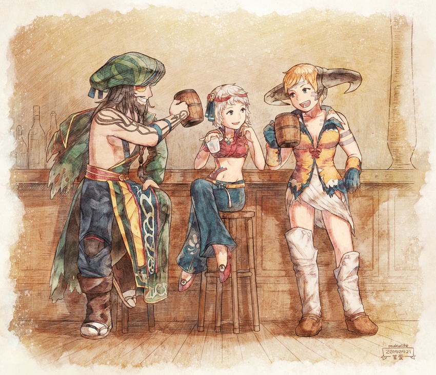 1boy 2girls barbara_(romancing_saga) blonde_hair blue_eyes breasts cotelier crop_top eyepatch facial_mark gloves hawke_(romancing_saga) horns multiple_girls navel open_mouth protected_link romancing_saga_minstrel_song saga short_hair sif_(romancing_saga) smile tattoo