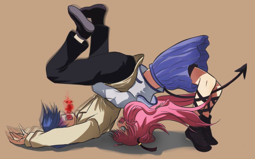 1boy angel_beats! ankle_lace-up blood blue_hair commentary_request cross-laced_footwear demon_tail female german_suplex hinata_hideki long_hair photoshop_(medium) pink_hair rayhwang school_uniform serafuku shinda_sekai_sensen_uniform suplex tail thigh_strap wrestling yui_(angel_beats!)