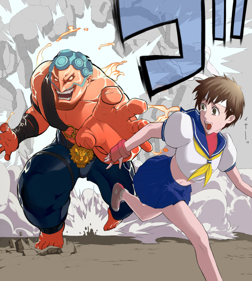 1boy bad_id bad_pixiv_id blue_sailor_collar brown_hair colored_skin esuo female hakan highres kasugano_sakura oil red_skin sailor_collar school_uniform street_fighter street_fighter_iv_(series) white_hair you_gonna_get_raped