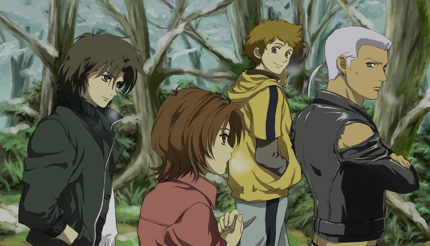 4boys blue_clover blue_eyes breath brown_eyes brown_hair commentary_request forest grey_hair hands_in_pockets hige highres jacket kiba multiple_boys nature short_hair smile toboe torn_clothes tsume walking wolf's_rain yellow_eyes