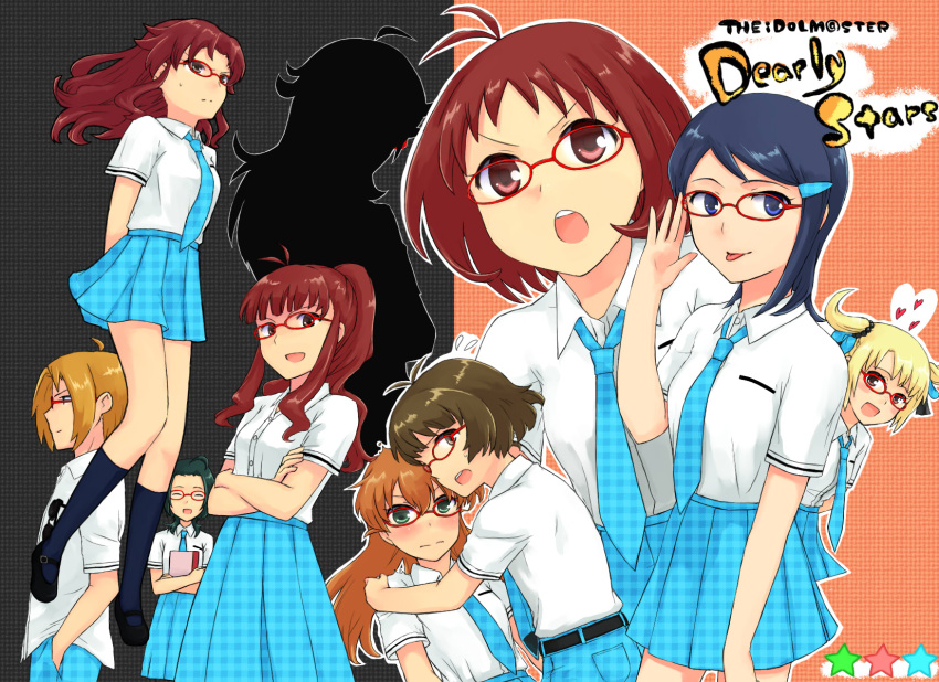 1boy 6+girls akizuki_ryo bespectacled commentary_request glasses hidaka_ai hidaka_mai highres himetsuba idolmaster idolmaster_dearly_stars ishikawa_minori md5_mismatch mizutani_eri multiple_girls okamoto_manami ozaki_reiko resolution_mismatch rough_time_school_(idolmaster) sakurai_yumeko school_uniform silhouette source_smaller suzuki_ayane takeda_souichi