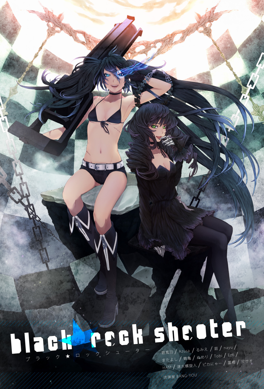 2girls absurdres armpits bad_link bare_shoulders belt belt_buckle bikini bikini_top_only black_bikini black_footwear black_rock_shooter black_rock_shooter_(character) black_shorts boots breasts buckle character_name checkered dead_master front-tie_bikini_top front-tie_top full_body halterneck highres knee_boots looking_at_viewer midriff multiple_girls navel nayu no_shirt salute scar short_shorts shorts sitting small_breasts stomach swimsuit tongue tongue_out twintails