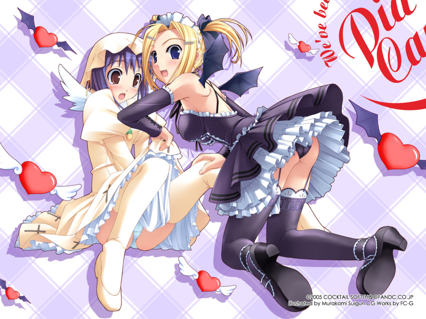 2005 2girls angel_wings bat_wings black_dress black_panties black_thighhighs blonde_hair blue_eyes blue_hair bow clothes_lift detached_sleeves dress frills garter_belt hairbow heart highres horiuchi_sana kneeling lingerie long_sleeves maid multiple_girls murakami_suigun panties pantyshot petticoat pia_carrot_(series) pia_carrot_e_youkoso!!_g.o. shoes short_hair short_twintails sitting skirt skirt_lift thighhighs twintails underwear waitress white_dress white_legwear white_panties wings yaegashi_kanae