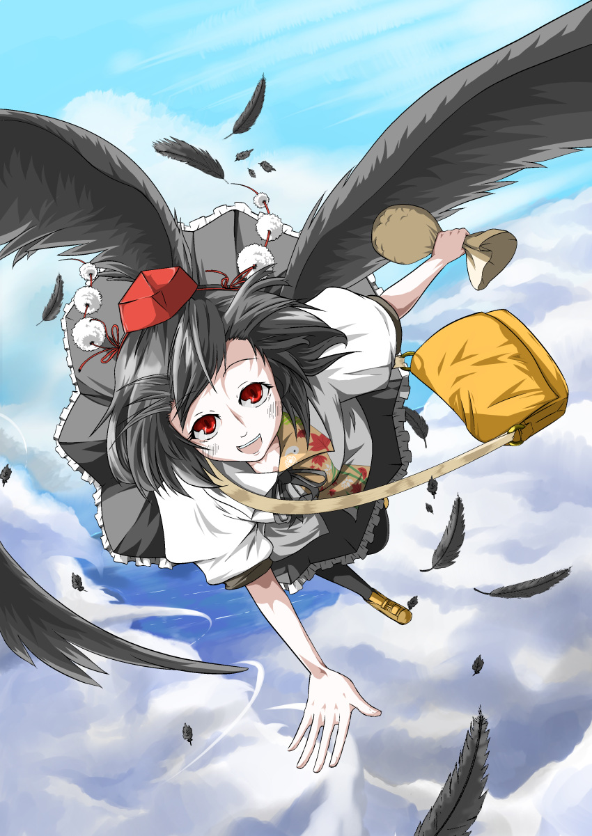 :d absurdres bag black_hair black_wings commentary_request feathered_wings feathers female flying fujinon_(fish_bone) hat highres holding holding_sack looking_at_viewer open_mouth photoshop_(medium) pom_pom_(clothes) puffy_short_sleeves puffy_sleeves red_eyes red_hat sack shameimaru_aya short_sleeves shoulder_bag smile solo teeth tokin_hat touhou upper_teeth_only wings