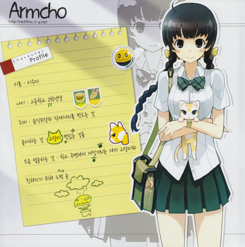 absurdres ahoge animal animal_hug armcho bag black_eyes black_hair blush blush_stickers bow bowtie braid cowboy_shot feline female hair_ribbon highres korean_text long_hair looking_at_viewer original ribbon school_uniform serafuku skirt smile solo translated twin_braids twintails watch wristwatch