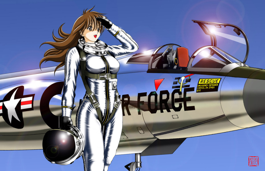 aircraft airplane brown_hair chuck_yeager commentary_request f-104_starfighter female geitassha genderswap_(mtf) gloves gradient_background helmet jet lens_flare long_hair md5_mismatch military original photoshop_(medium) pilot_suit rule_63 salute shiny signature solo spacesuit the_right_stuff united_states unworn_headwear unworn_helmet vehicle_focus