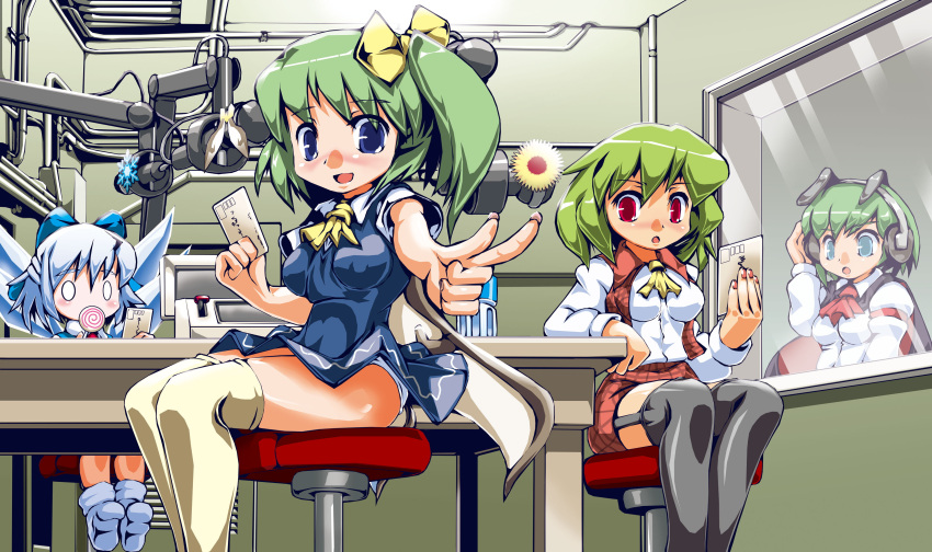 0_0 4girls absurdres antennae ascot bad_hands black_thighhighs blue_eyes blue_hair blush blush_stickers bottle bow candy cape card cirno daiyousei dress food foreshortening garter_straps green_eyes green_hair hairbow headphones highres holding holding_card kazami_yuuka lollipop microphone multiple_girls open_mouth panties pantyshot plaid plaid_skirt plaid_vest postcard radio_booth red_eyes short_hair side_ponytail sitting skirt skirt_set studio_microphone sukiyo swirl_lollipop table thighhighs touhou underwear vest water_bottle white_panties window wings wriggle_nightbug