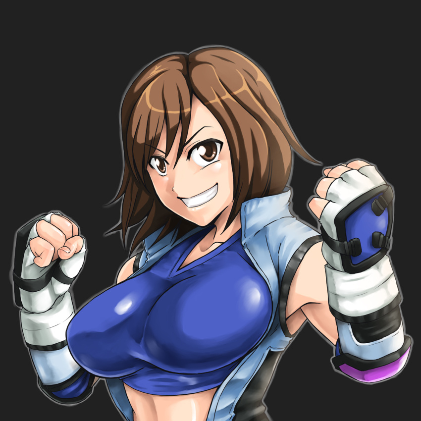 bad_id bad_pixiv_id breasts brown_eyes brown_hair female fingerless_gloves gloves grin highres jumpsuit kazama_asuka large_breasts naoyuki short_hair smile solo tekken tekken_6