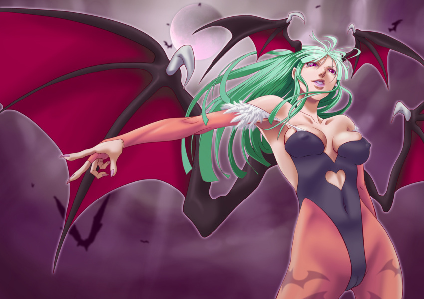 animal_print bad_id bad_pixiv_id bare_shoulders bat_print bat_wings breasts cleavage commentary_request demon_girl female green_hair head_wings ikumo_taisuke large_breasts long_hair morrigan_aensland pantyhose parted_lips print_pantyhose purple_eyes smile solo vampire_(game) wings