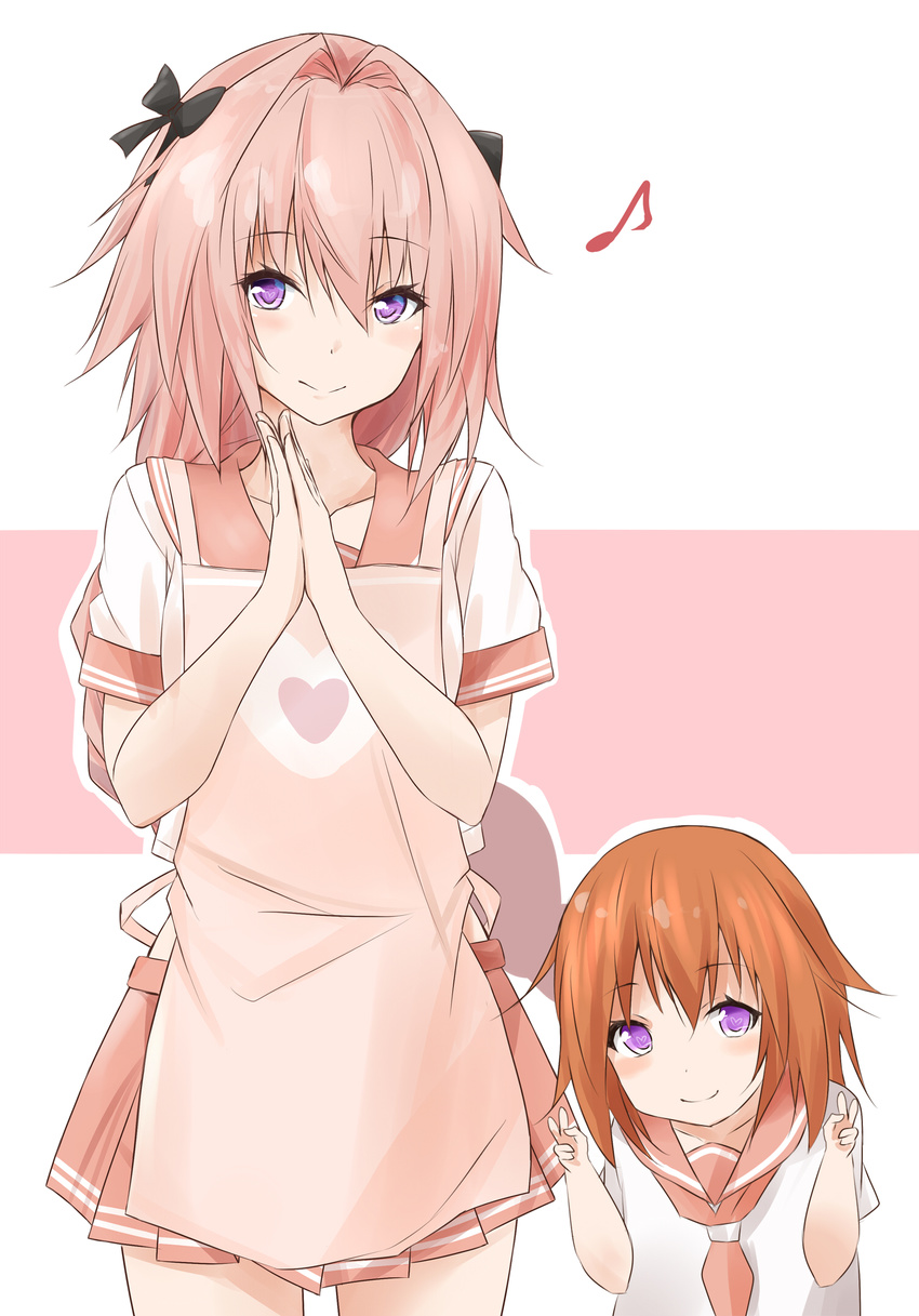 1boy :> apron astolfo_(fate) astolfo_(fate)_(cosplay) astolfo_(sailor_paladin)_(fate) astolfo_(sailor_paladin)_(fate)_(cosplay) black_bow blush bow closed_mouth commentary cosplay double_v eighth_note fate/apocrypha fate/grand_order fate_(series) father_and_daughter female hair_between_eyes hair_intakes hairbow hands_up heart heart-shaped_pupils heart_print highres if_they_mated looking_at_viewer musical_note official_alternate_costume orange_hair original otoko_no_ko own_hands_together pink_hair pink_skirt pleated_skirt purple_eyes saku_(kudrove) school_uniform serafuku short_sleeves sidelocks skirt smile symbol-shaped_pupils tsurime v