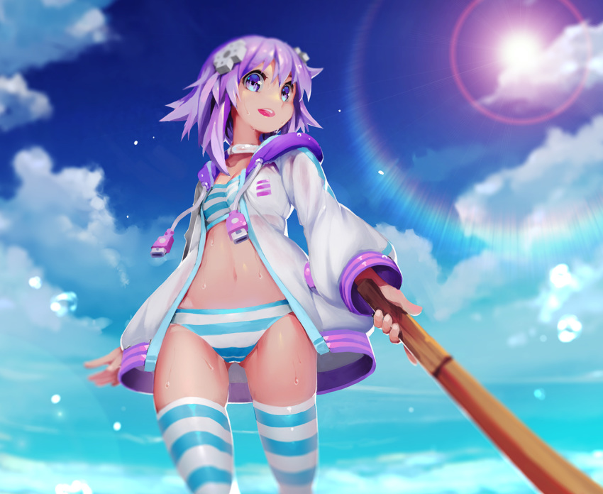 :d ass_visible_through_thighs bikini blue_eyes blue_sky breasts choker choujigen_game_neptune cloud cloudy_sky commentary_request cowboy_shot d-pad d-pad_hair_ornament day drawstring female from_below hair_ornament holding jacket lens_flare long_sleeves looking_at_viewer navel neptune_(neptunia) neptune_(series) open_clothes open_jacket open_mouth outdoors purple_hair segamark short_hair sky small_breasts smile solo stomach striped_bikini striped_clothes striped_thighhighs sun swimsuit sword teeth thighhighs thighs water weapon wet white_choker white_jacket wooden_sword