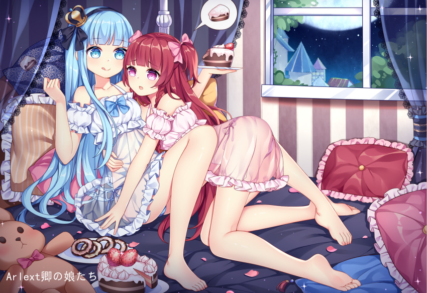 2girls :q bare_legs bare_shoulders barefoot bed black_hairband blue_eyes blue_hair blue_panties blunt_bangs bow cake canopy_bed chinese_commentary chuor_(chuochuoi) closed_mouth commentary_request cream crown detached_sleeves feet food fork frilled_pillow frills fruit full_moon hairband hairbow hand_up holding holding_fork holding_plate indoors legs long_hair long_legs mini_crown moon multiple_girls night night_sky nightgown original panties parted_lips petals pillow pink_bow pink_panties plate puffy_short_sleeves puffy_sleeves purple_eyes red_hair see-through short_sleeves side-tie_panties sitting sky smile soles spoken_object star_(sky) starry_sky strawberry stuffed_animal stuffed_toy teddy_bear tilted_headwear tongue tongue_out tower transparent two_side_up underwear very_long_hair