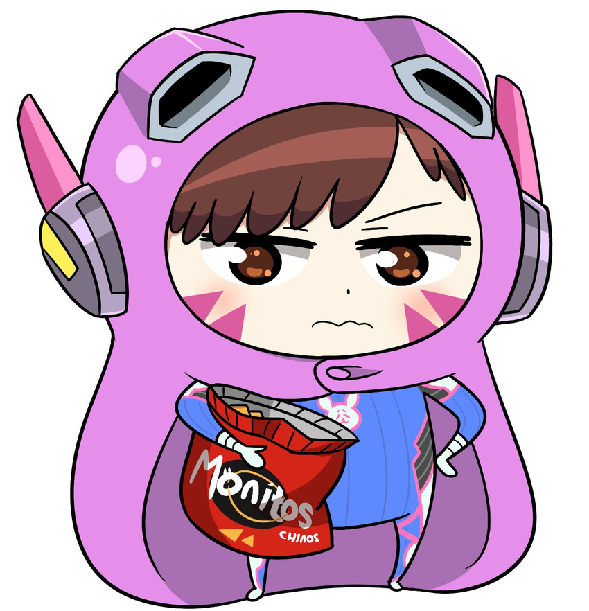 10s animal_costume artist_request chibi chips cloak d.va_(overwatch) doma_umaru female food himouto!_umaru-chan hood hooded_cloak inushige komaru long_hair looking_at_viewer parody potato_chips standing