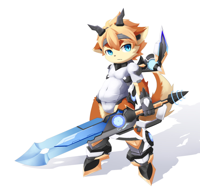 2016 anthro blue_eyes canid canine clothing hi_res looking_at_viewer male mammal melee_weapon navel rann simple_background solo sword tight_clothing weapon white_background young