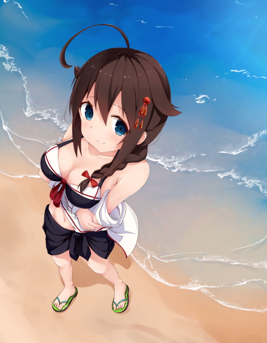 adapted_costume ahoge beach bikini blue_eyes blush braid breasts brown_hair cleavage commentary_request female groin hair_between_eyes hair_flaps hair_ornament hair_over_shoulder highres jacket kantai_collection long_hair looking_at_viewer looking_up medium_breasts navel sailor_bikini sailor_collar sandals sarong shigure_(kancolle) shigure_kai_ni_(kancolle) single_braid smile solo swimsuit water waves yoriha_yashiro