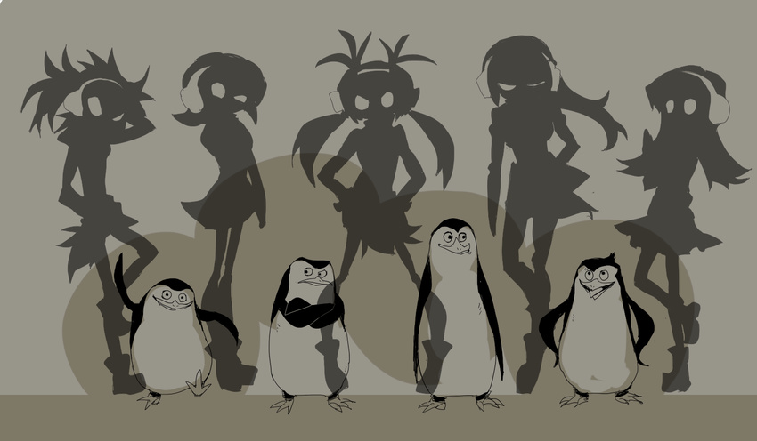 4boys 5girls bird commentary crossed_arms crossover emperor_penguin_(kemono_friends) gentoo_penguin_(kemono_friends) headphones highres humboldt_penguin_(kemono_friends) kemono_friends kowalski_(madagascar) madagascar_(series) multiple_boys multiple_girls oshaka_(haguki) penguin penguins_performance_project_(kemono_friends) private_(madagascar) rico_(madagascar) rockhopper_penguin_(kemono_friends) royal_penguin_(kemono_friends) silhouette skipper_(madagascar) skirt trait_connection twintails