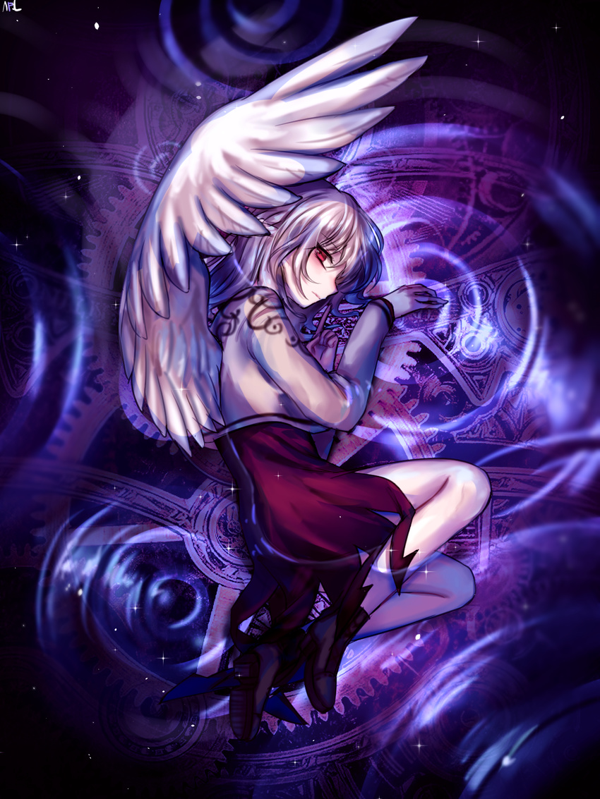 angel_wings beige_jacket boots commentary_request cropped_jacket dress expressionless female gears highres jacket kishin_sagume legs long_sleeves looking_at_viewer lying lying_on_water partially_submerged pink_eyes pointing pointing_up profile purple_dress ripples shan short_dress signature solo space star_(sky) thighs touhou water white_hair white_wings wings