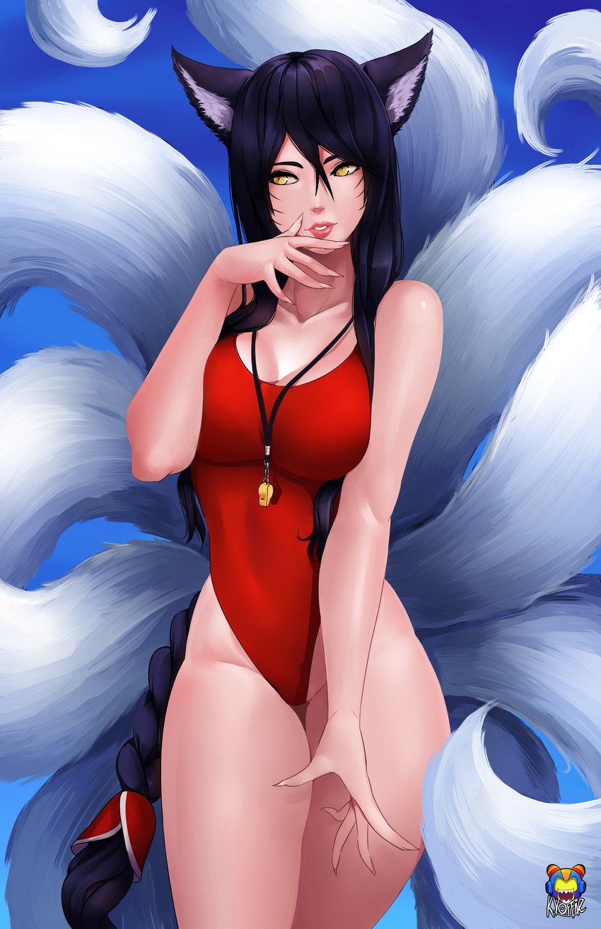 absurdres ahri_(league_of_legends) animal_ears artist_name bare_arms bare_legs bare_shoulders black_hair blue_sky braid breasts cleavage collarbone competition_swimsuit contrapposto covered_navel day facial_mark female fingernails fox_ears fox_tail groin gumroad_reward hair_between_eyes hair_tie hand_to_own_mouth highleg highleg_swimsuit highres kyoffie large_breasts league_of_legends legs_together long_fingernails long_hair looking_to_the_side multiple_tails nose one-piece_swimsuit outdoors paid_reward parted_lips photoshop_(medium) red_one-piece_swimsuit sharp_fingernails sidelocks single_braid sky slit_pupils smile solo standing swimsuit tail teeth thigh_gap very_long_hair whisker_markings whistle yellow_eyes