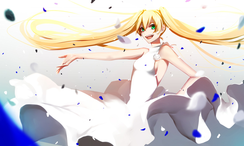 asd13 bad_id bad_pixiv_id blonde_hair dress female green_eyes highres kekkai_sensen long_hair petals smile solo twintails white_(kekkai_sensen) white_dress