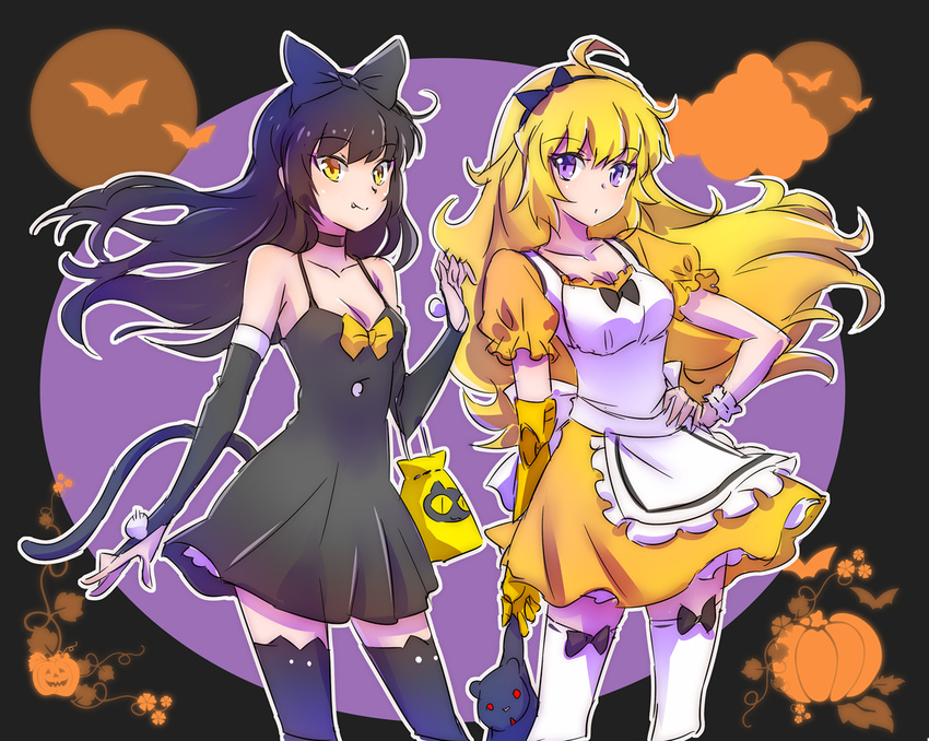 2girls ahoge bear black_hair blake_belladonna blonde_hair bow breasts cat_tail check_commentary cleavage commentary_request goldilocks goldilocks_and_the_three_bears hairbow halloween halloween_costume iesupa looking_at_viewer medium_breasts multiple_girls oerba_yun_fang prosthesis prosthetic_arm pumpkin purple_eyes rwby scrunchie stuffed_animal stuffed_toy tail teddy_bear thighhighs white_scrunchie yang_xiao_long yellow_eyes