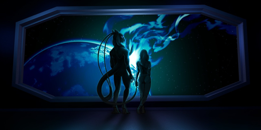 alien antennae_(anatomy) anthro clothed clothing detailed_background duo fauxlacine hair human mammal planet purple_eyes science_fiction space spacescape star unknown_species window