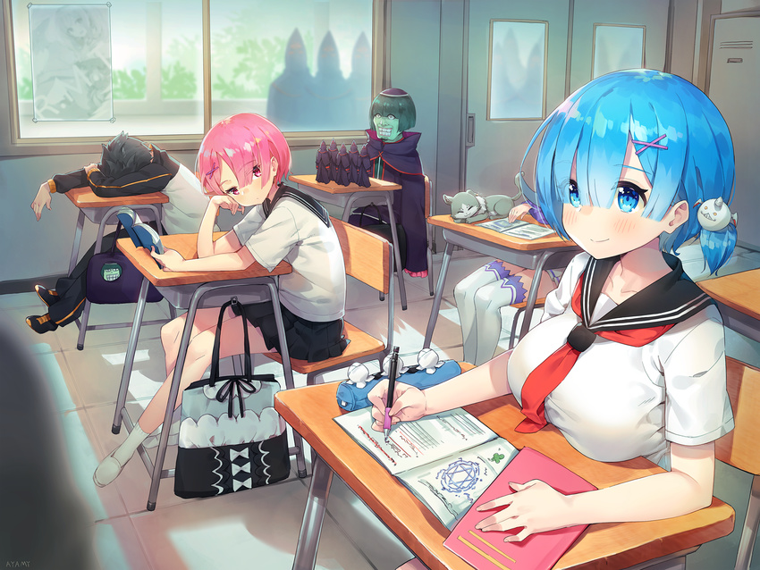 2boys 3girls adapted_object alternate_hairstyle ayamy bag blue_eyes blue_hair book breast_rest breasts chair classroom cloak closed_mouth colored_skin commentary_request contemporary desk emilia_(re:zero) green_hair green_skin grin hair_ornament hair_over_one_eye hakugei_(re:zero) head_rest hidden_face highres indoors jacket large_breasts light_purple_hair magic_circle multiple_boys multiple_girls natsuki_subaru open_book petelgeuse_romaneeconti pink_eyes pink_hair pleated_skirt puck_(re:zero) ram_(re:zero) re:zero_kara_hajimeru_isekai_seikatsu rem_(re:zero) school_chair school_desk school_uniform serafuku shoes short_hair short_sidetail siblings sisters sitting skirt smile sneakers socks thighhighs tile_floor tiles track_jacket track_suit twins uwabaki white_socks x_hair_ornament