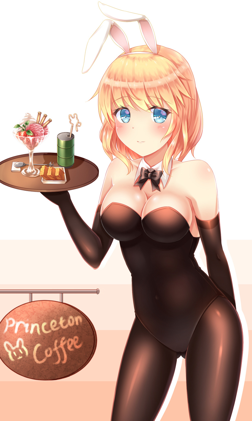 absurdres animal_ears bare_shoulders bauxite black_gloves black_pantyhose blonde_hair blue_eyes blush bow bowtie breasts character_name cleavage commentary detached_collar drinking_straw drum_(container) elbow_gloves english_commentary fake_animal_ears female food gloves highres ice_cream large_breasts leotard looking_at_viewer pantyhose playboy_bunny princeton_(warship_girls_r) rabbit_ears short_hair sign smile solo spoon tray warship_girls_r zhou_yu_(ppaaqz1995)